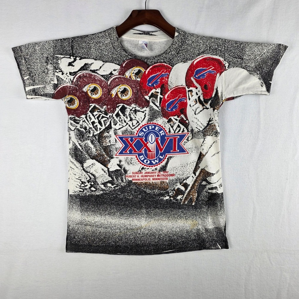 Vintage 1992 Super Bowl XXVI Logo 7 All Over Print T-Shirt Youth XL Bills Skins